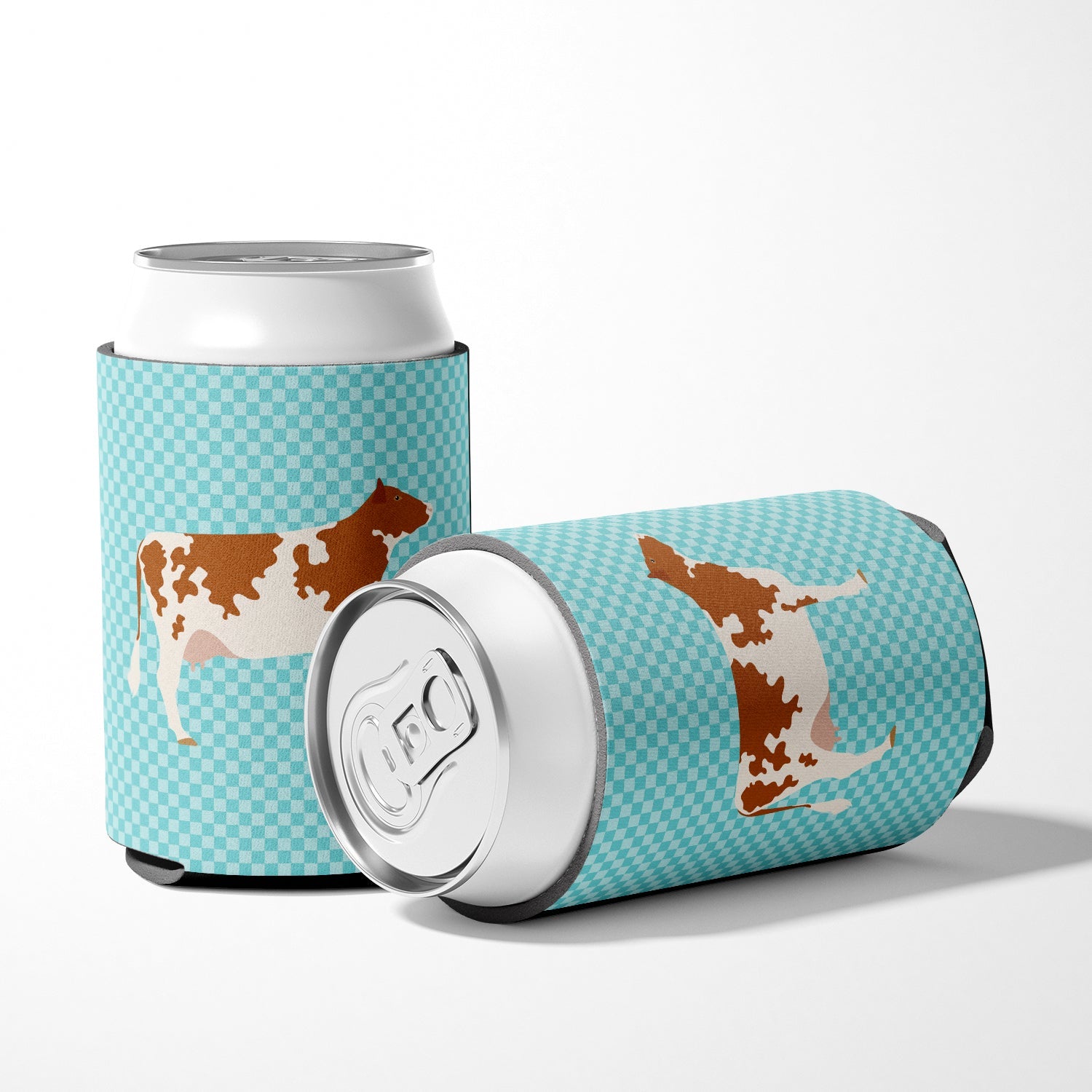 Ayrshire Cow Blue Check Can or Bottle Hugger Cooler Sleeve for Standard 12 oz Cans, Insulated Foam Beer & Soda Can Hugger Reusable
