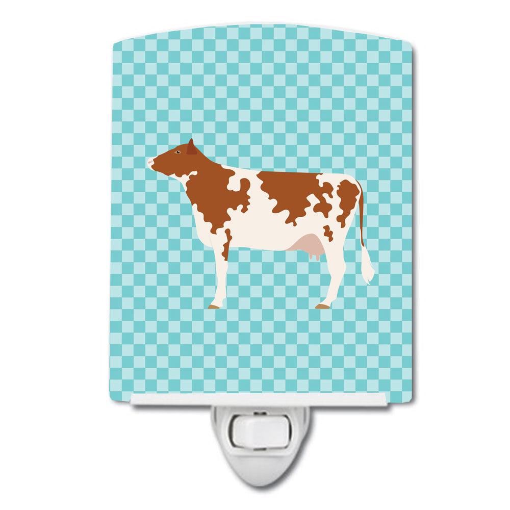 Ayrshire Cow Blue Check Ceramic Night Light Compact, UL-Certified, Ideal for Bedroom, Bathroom, Nursery, Hallway, Kitchen, 6x4x3, Multicolor