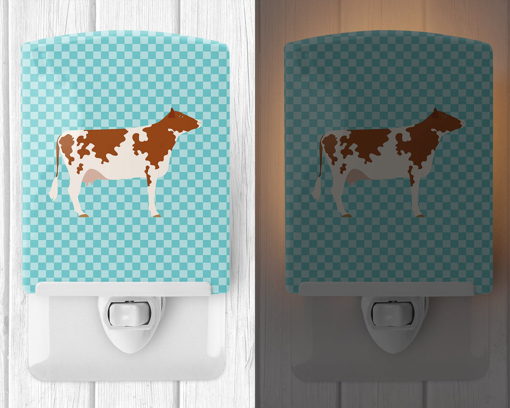 Ayrshire Cow Blue Check Ceramic Night Light Compact, UL-Certified, Ideal for Bedroom, Bathroom, Nursery, Hallway, Kitchen, 6x4x3, Multicolor