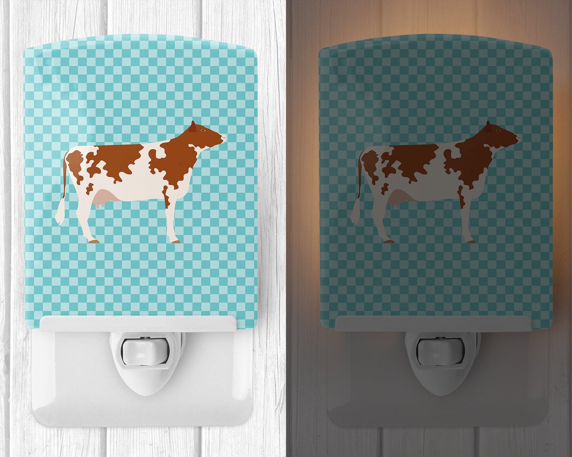 Ayrshire Cow Blue Check Ceramic Night Light Compact, UL-Certified, Ideal for Bedroom, Bathroom, Nursery, Hallway, Kitchen, 6x4x3, Multicolor