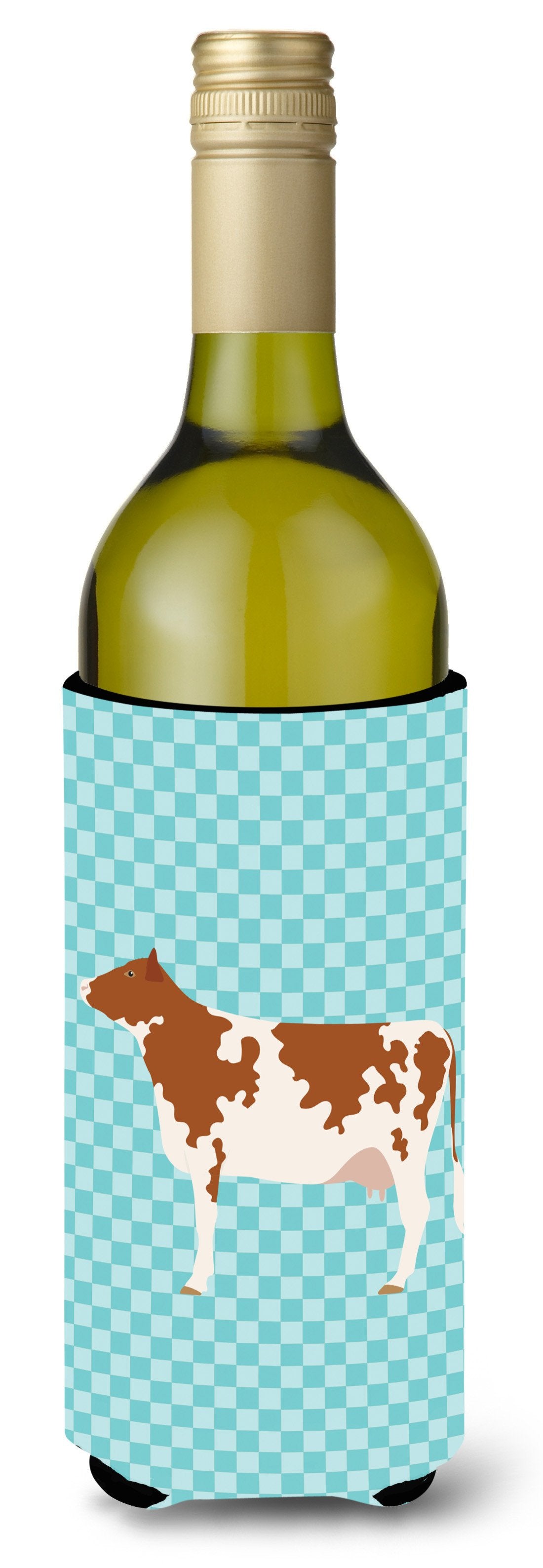 Ayrshire Cow Blue Check Wine Bottle Hugger Gift Sleeve for Standard 750 ml Bottles, Insulated Reusable Also Fits Mini Shot & Pint Bottles