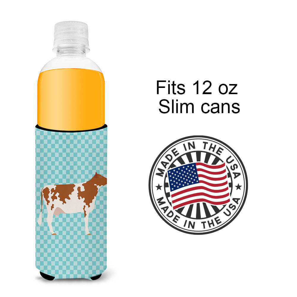 Ayrshire Cow Blue Check Slim Can Hugger , Insulated Foam Hugger for 12 oz Slim Cans, Beer Bottles & Water Bottles, Printed in USA
