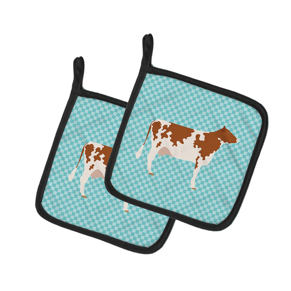 Ayrshire Cow Blue Check Pot Holder Set of 2 Heat Resistant Quilted Hot Pads 7.5 x 7.5 Inch, Insulated Kitchen Trivets for Cooking & Baking
