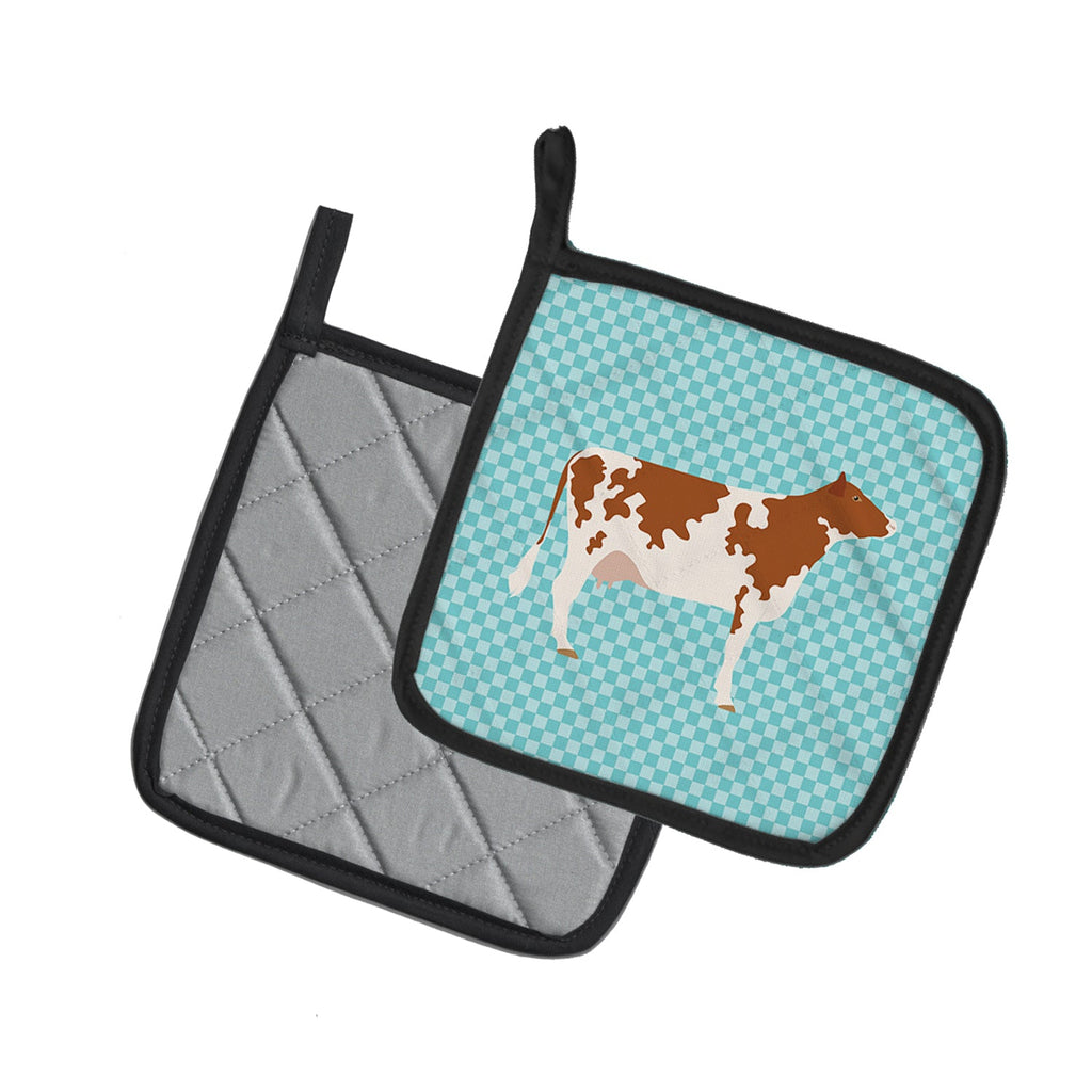 Ayrshire Cow Blue Check Pot Holder Set of 2 Heat Resistant Quilted Hot Pads 7.5 x 7.5 Inch, Insulated Kitchen Trivets for Cooking & Baking