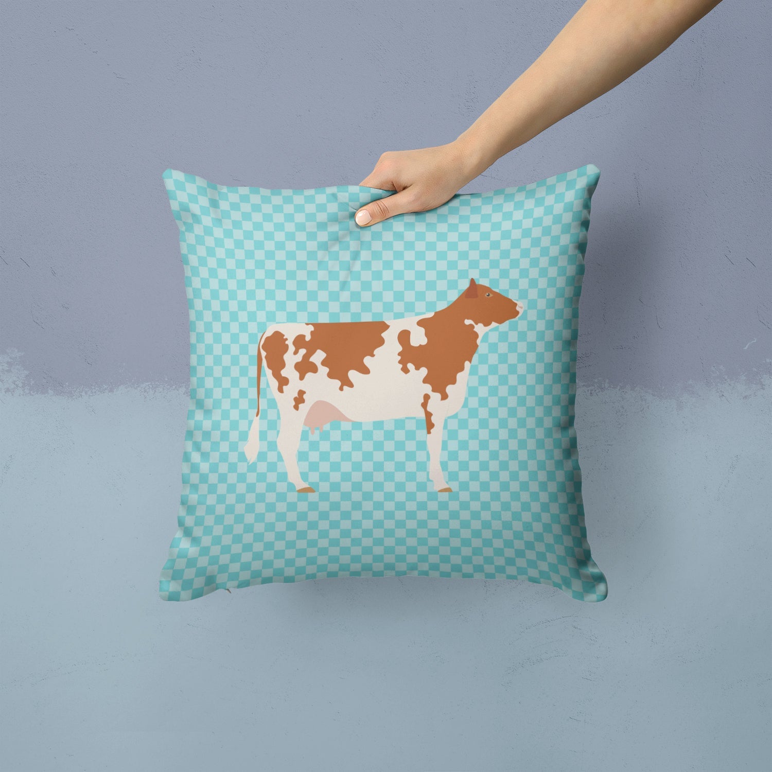 Ayrshire Cow Blue Check Decorative Throw Pillow 14x14 Indoor Outdoor Accent Cushion, Fabric Cover with Insert for Sofa, Bed, Porch & Living Room