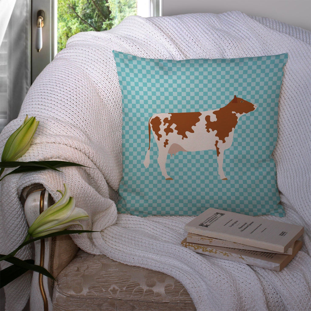 Ayrshire Cow Blue Check Decorative Throw Pillow 14x14 Indoor Outdoor Accent Cushion, Fabric Cover with Insert for Sofa, Bed, Porch & Living Room