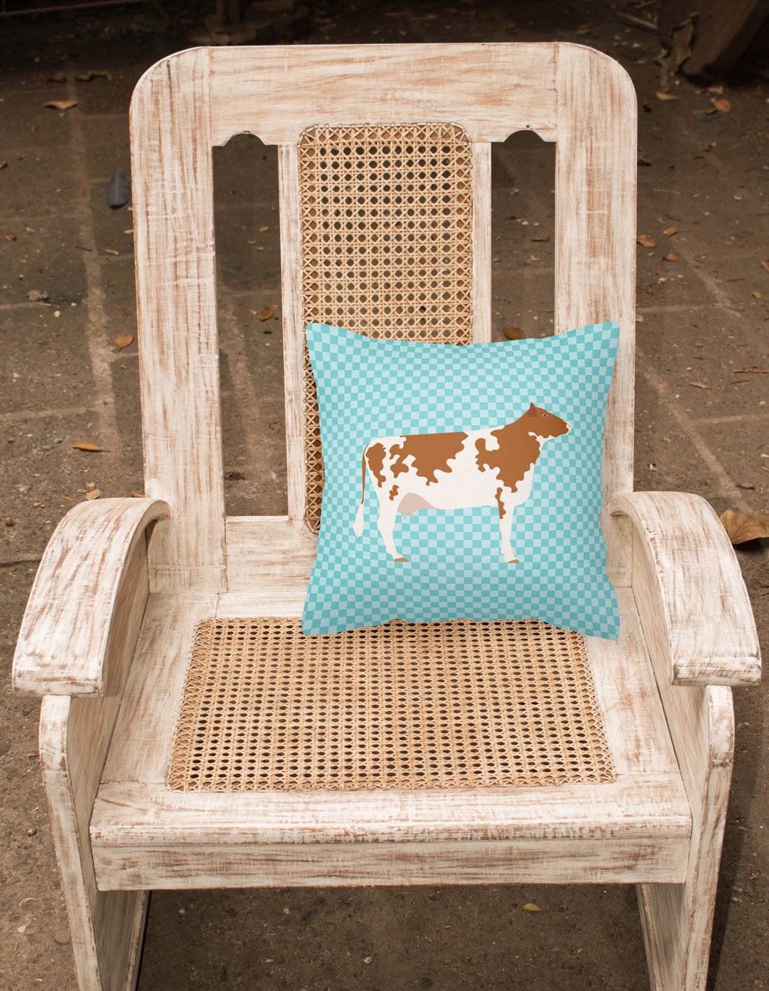 Ayrshire Cow Blue Check Decorative Throw Pillow 18x18 Indoor Outdoor Accent Cushion, Fabric Cover with Insert for Sofa, Bed, Porch & Living Room