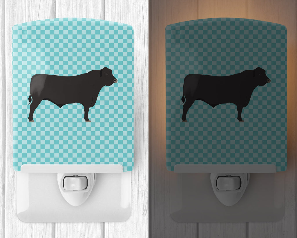 Black Angus Cow Blue Check Ceramic Night Light Compact, UL-Certified, Ideal for Bedroom, Bathroom, Nursery, Hallway, Kitchen, 6x4x3, Multicolor