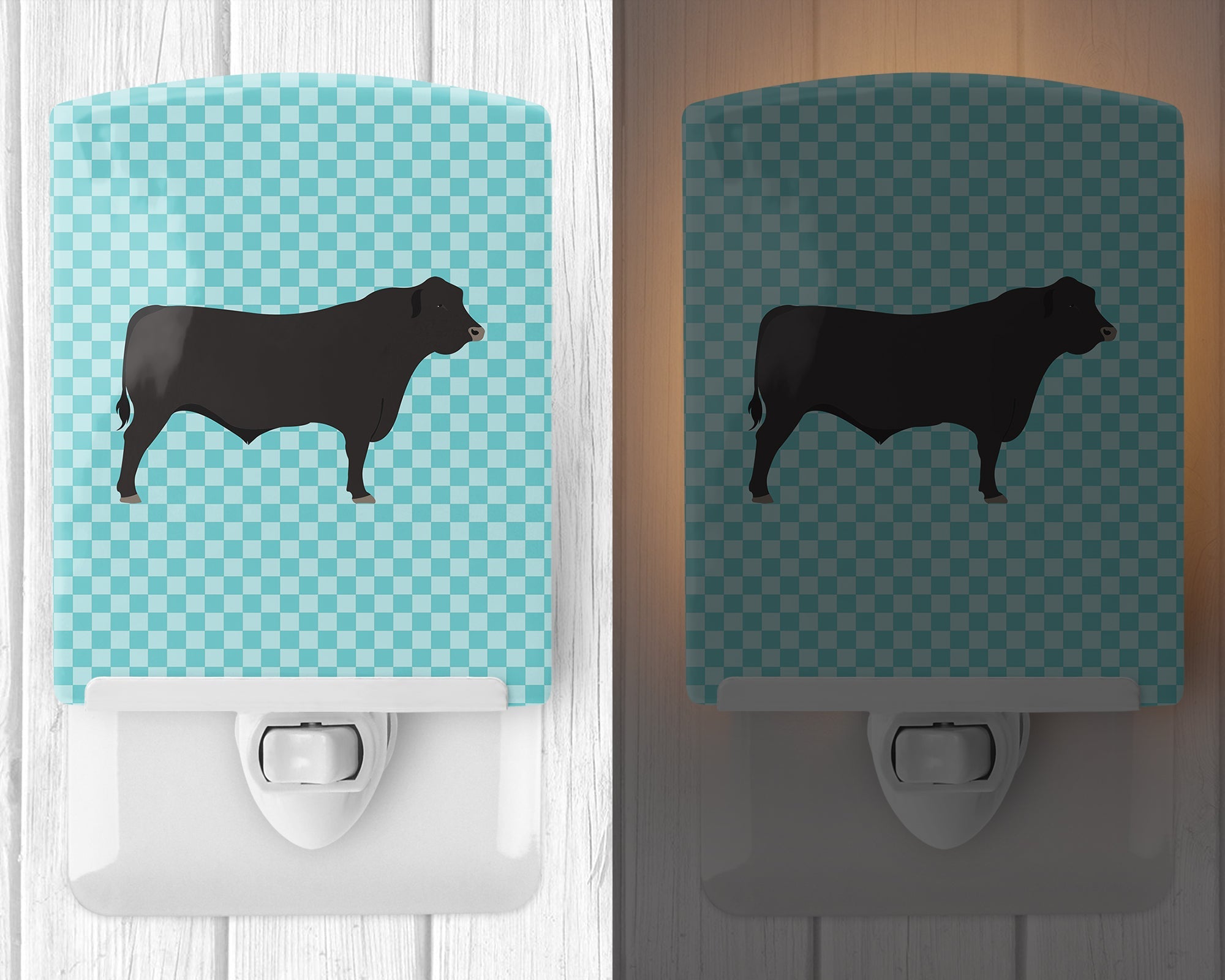 Black Angus Cow Blue Check Ceramic Night Light Compact, UL-Certified, Ideal for Bedroom, Bathroom, Nursery, Hallway, Kitchen, 6x4x3, Multicolor