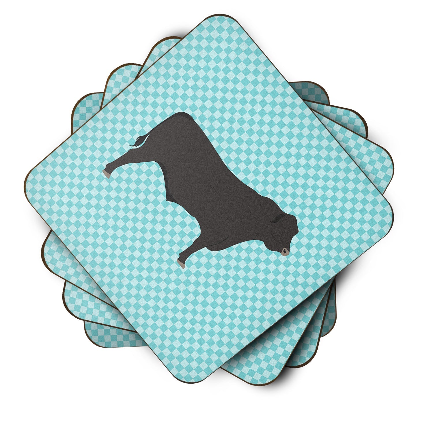 Black Angus Cow Blue Check Foam Coasters Set of 4 Cup Coasters for Indoor Outdoor, Tabletop Protection, Anti Slip, Mouse pad Material