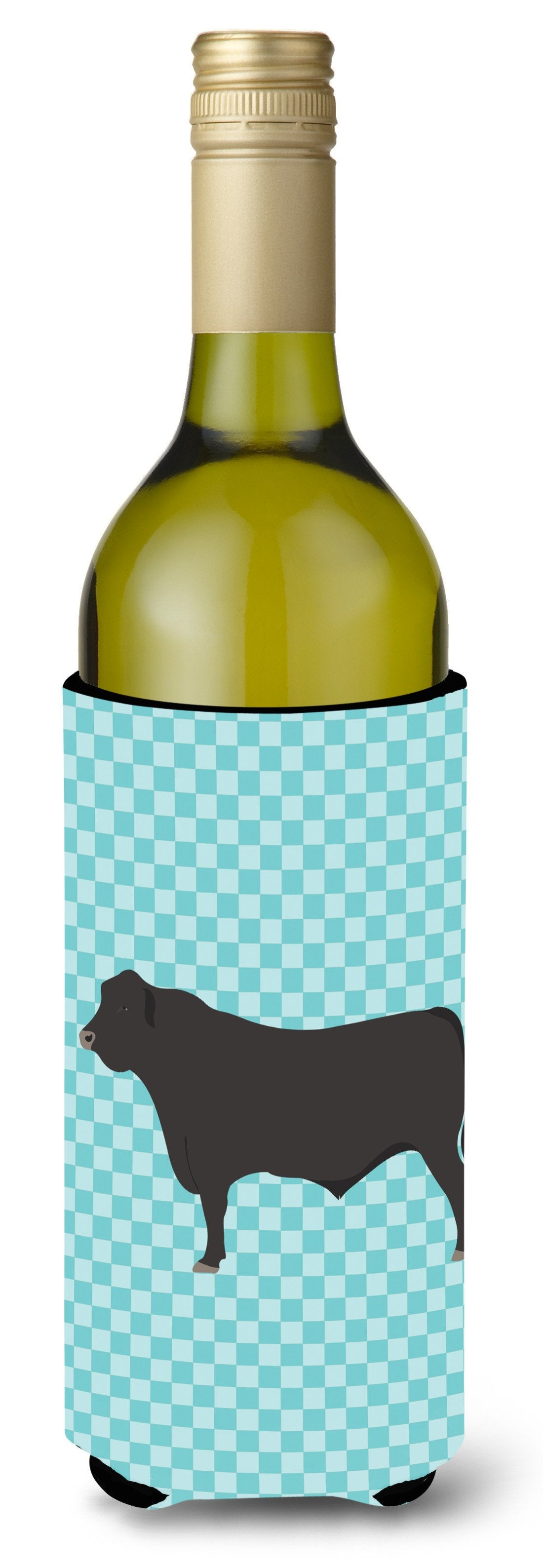 Black Angus Cow Blue Check Wine Bottle Hugger Gift Sleeve for Standard 750 ml Bottles, Insulated Reusable Also Fits Mini Shot & Pint Bottles