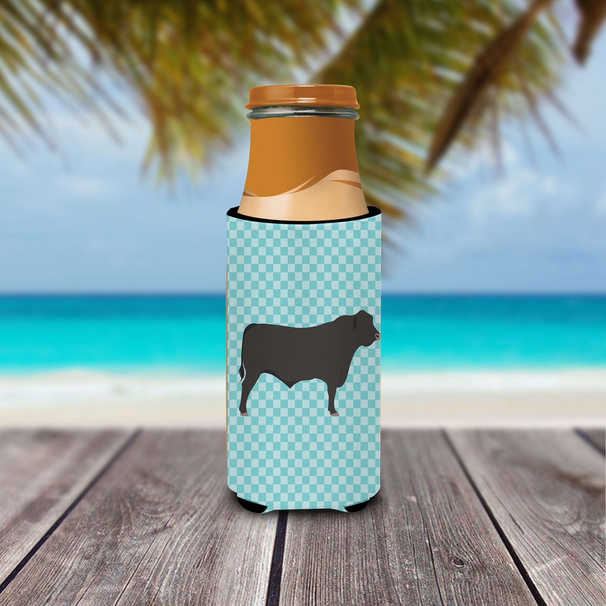 Black Angus Cow Blue Check Slim Can Hugger , Insulated Foam Hugger for 12 oz Slim Cans, Beer Bottles & Water Bottles, Printed in USA