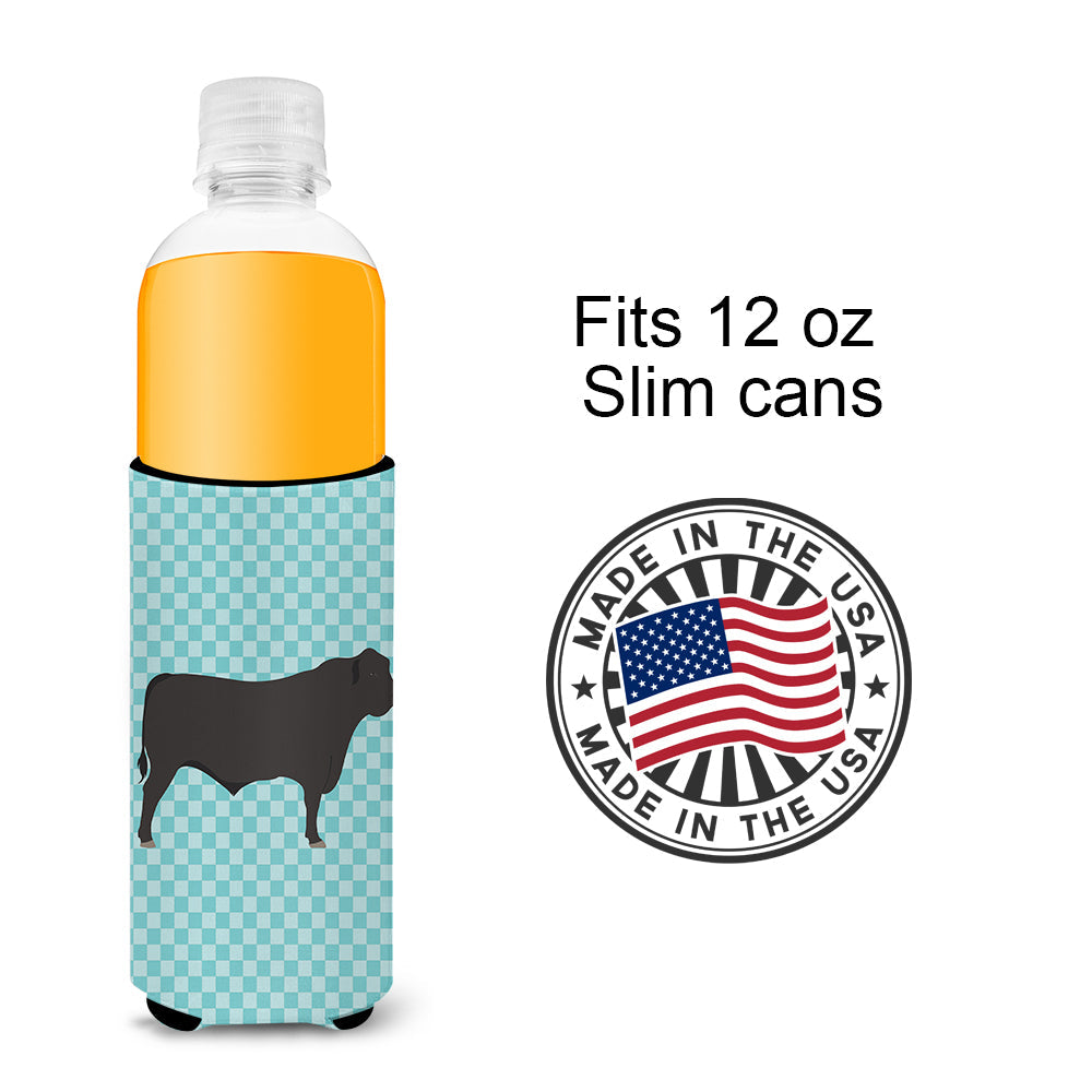 Black Angus Cow Blue Check Slim Can Hugger , Insulated Foam Hugger for 12 oz Slim Cans, Beer Bottles & Water Bottles, Printed in USA