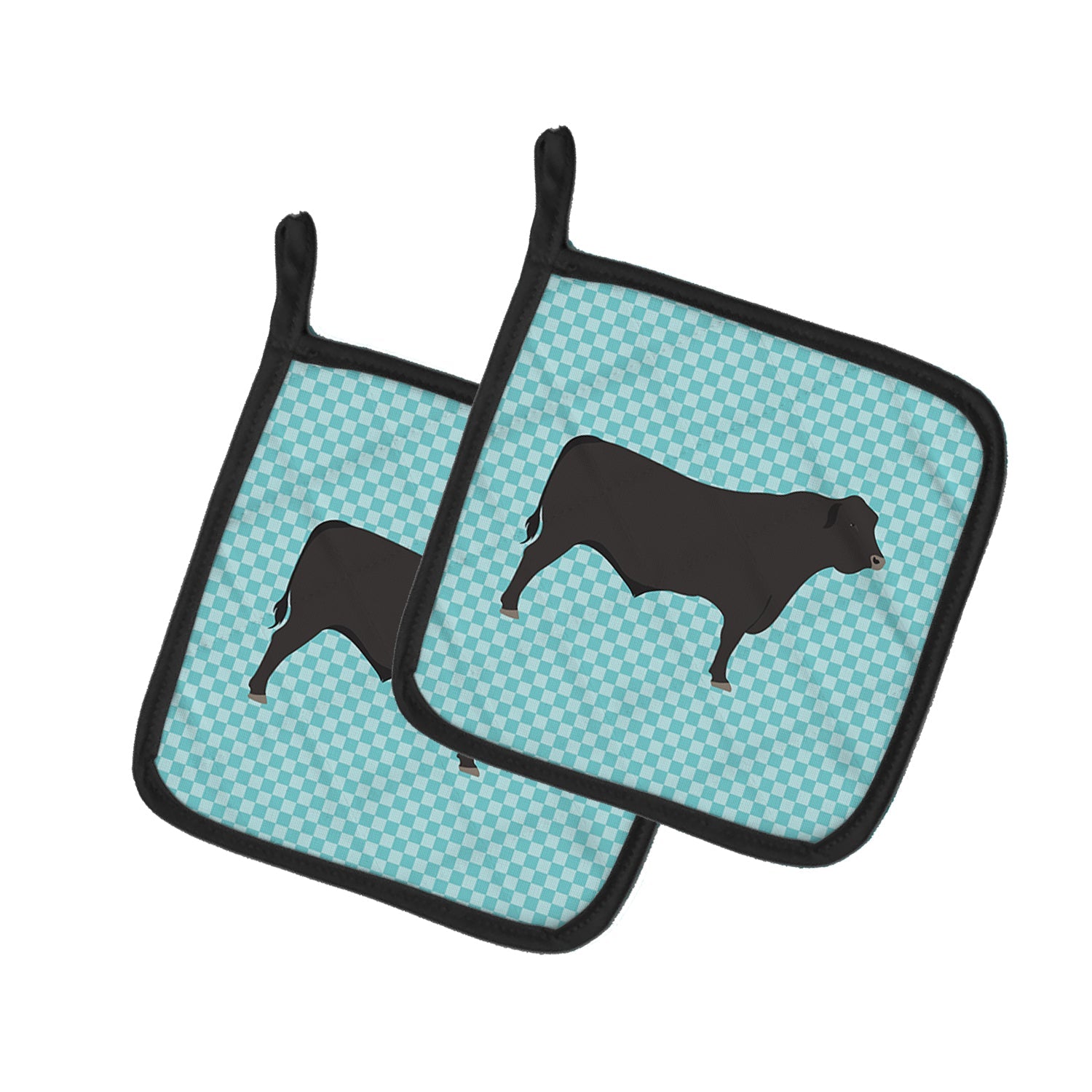 Black Angus Cow Blue Check Pot Holder Set of 2 Heat Resistant Quilted Hot Pads 7.5 x 7.5 Inch, Insulated Kitchen Trivets for Cooking & Baking