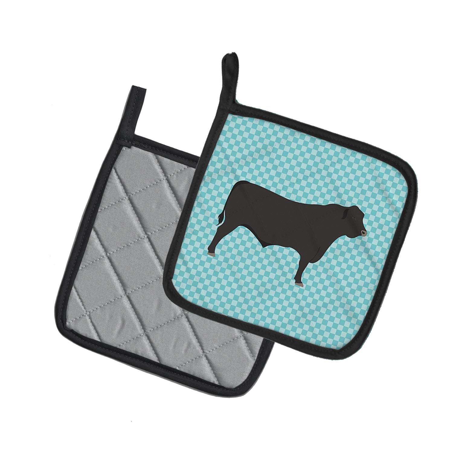 Black Angus Cow Blue Check Pot Holder Set of 2 Heat Resistant Quilted Hot Pads 7.5 x 7.5 Inch, Insulated Kitchen Trivets for Cooking & Baking