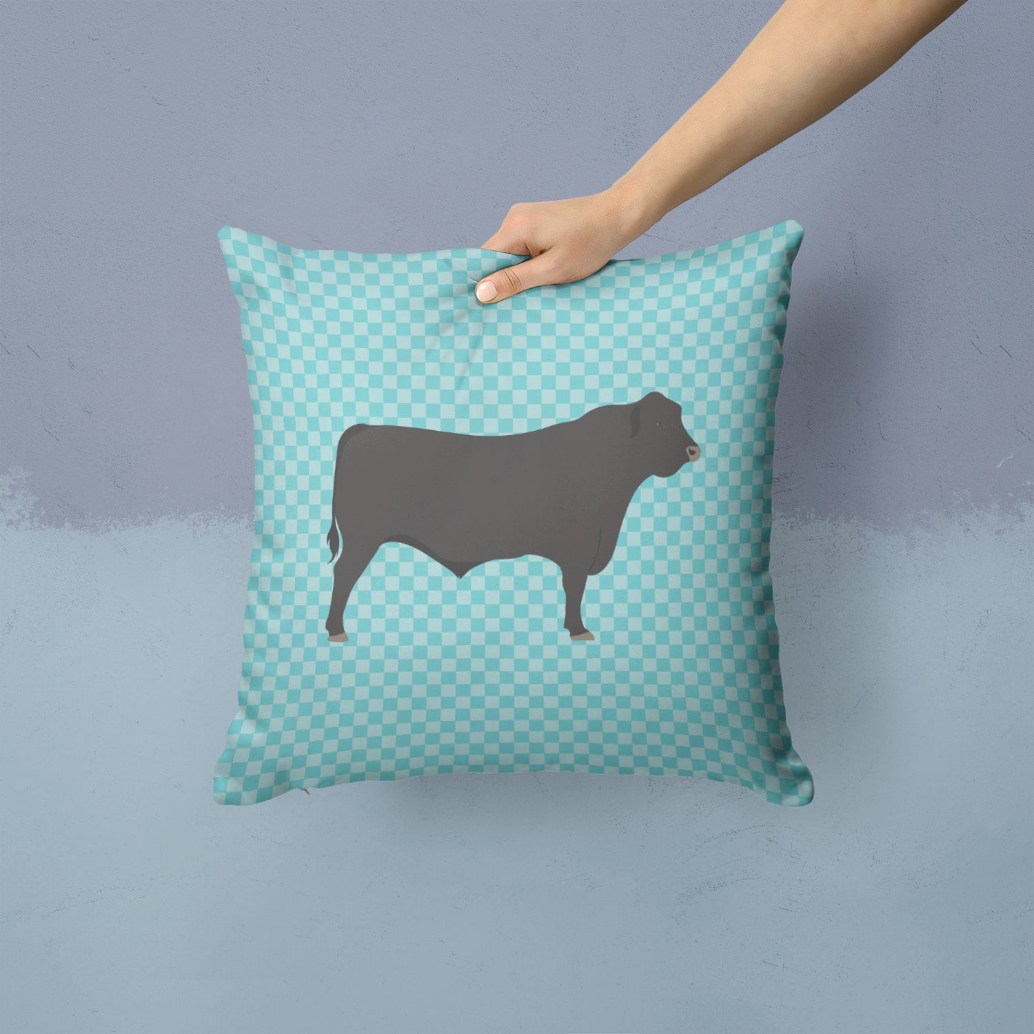 Black Angus Cow Blue Check Decorative Throw Pillow 14x14 Indoor Outdoor Accent Cushion, Fabric Cover with Insert for Sofa, Bed, Porch & Living Room