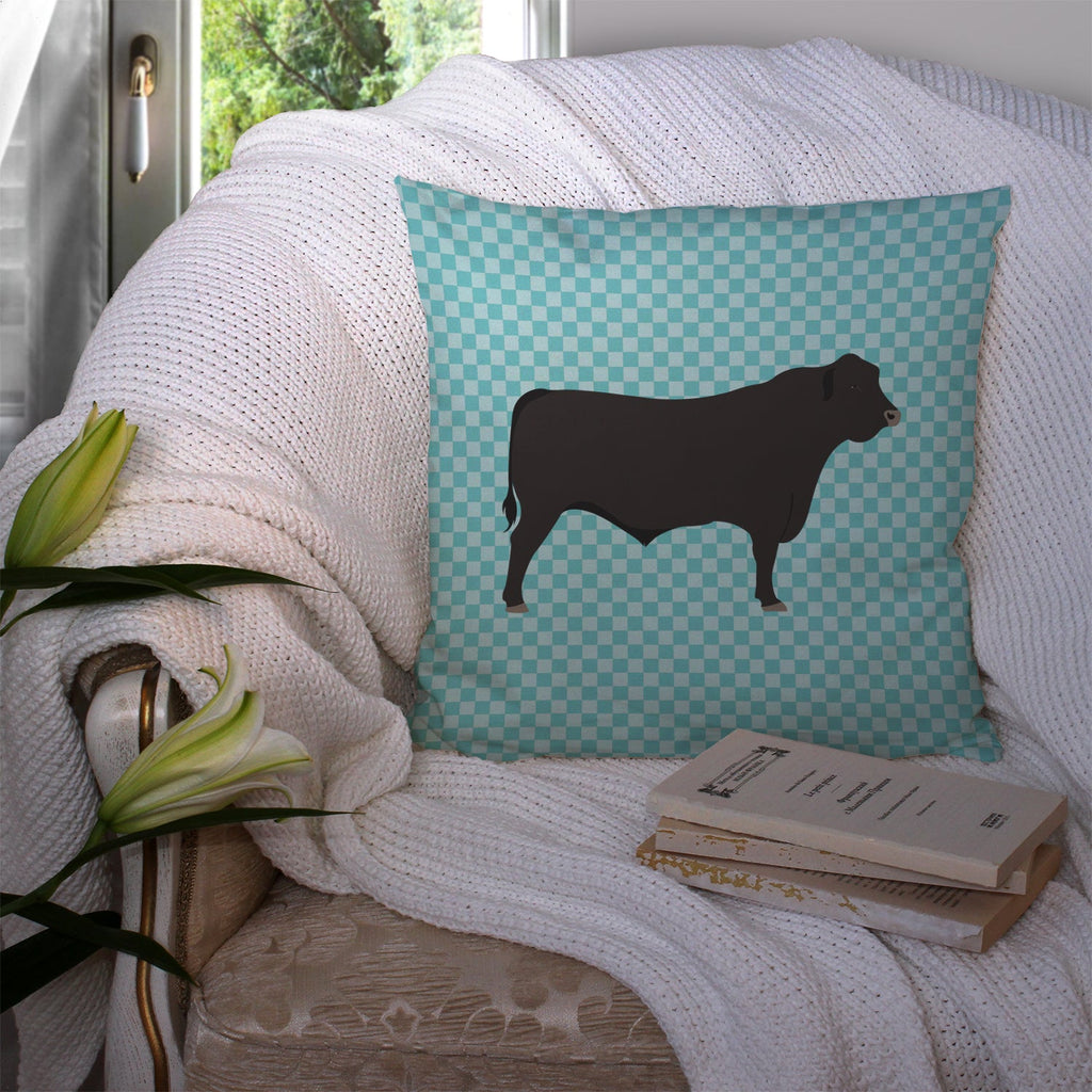 Black Angus Cow Blue Check Decorative Throw Pillow 14x14 Indoor Outdoor Accent Cushion, Fabric Cover with Insert for Sofa, Bed, Porch & Living Room