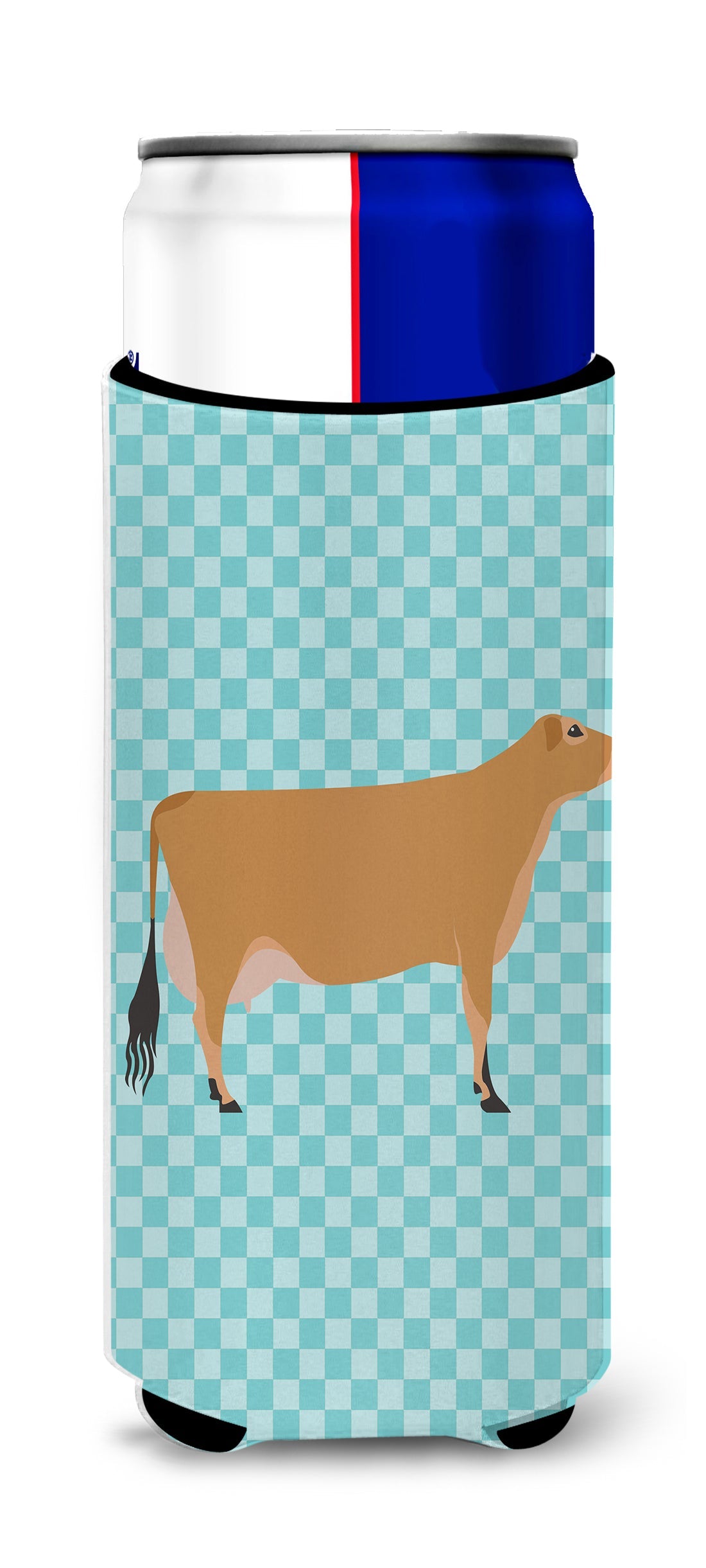 Jersey Cow Blue Check Slim Can Hugger , Insulated Foam Hugger for 12 oz Slim Cans, Beer Bottles & Water Bottles, Printed in USA