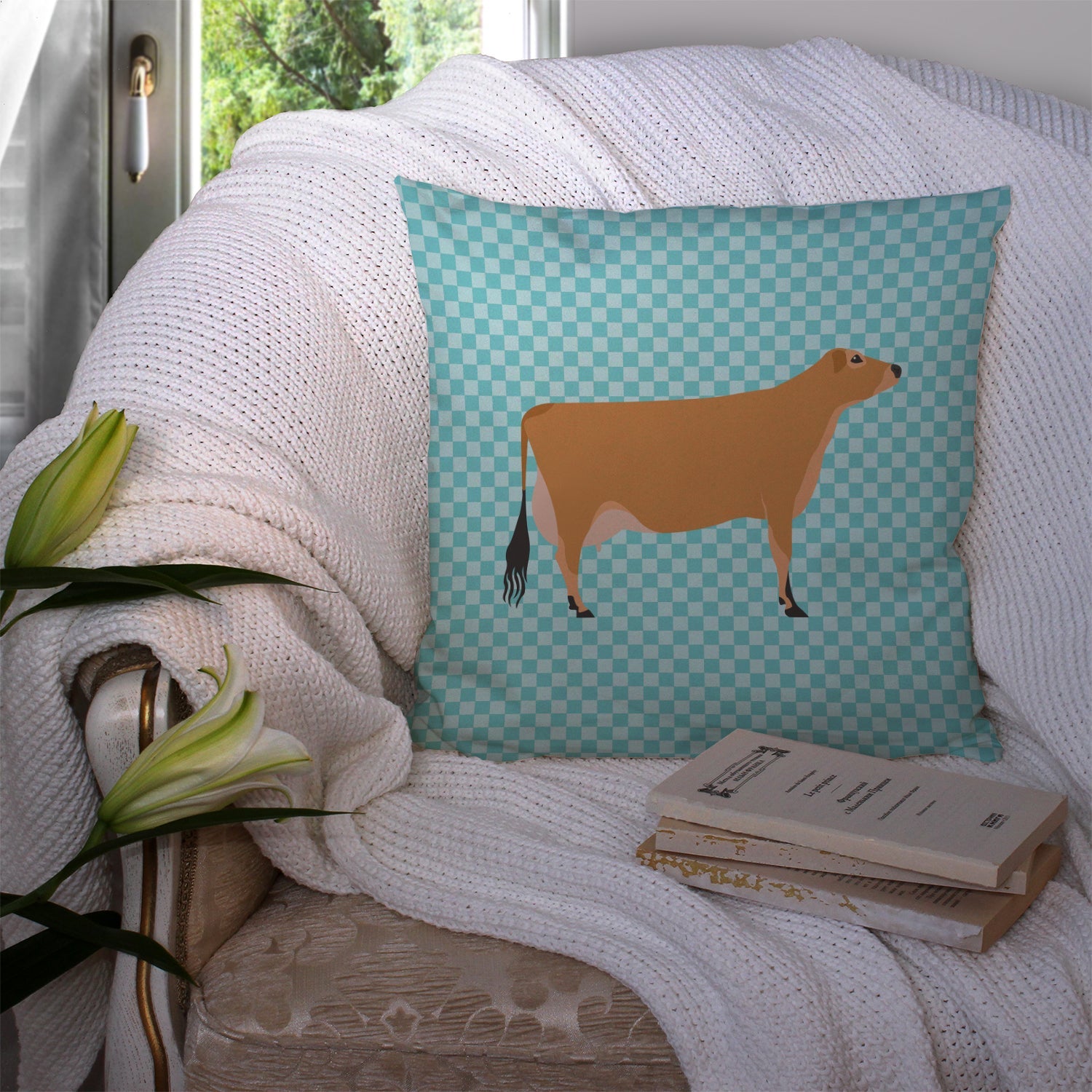 Jersey Cow Blue Check Decorative Throw Pillow 14x14 Indoor Outdoor Accent Cushion, Fabric Cover with Insert for Sofa, Bed, Porch & Living Room