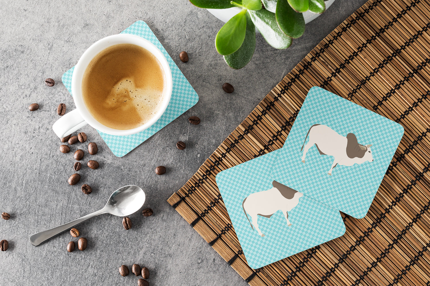 Malvi Cow Blue Check Foam Coasters Set of 4 Cup Coasters for Indoor Outdoor, Tabletop Protection, Anti Slip, Mouse pad Material