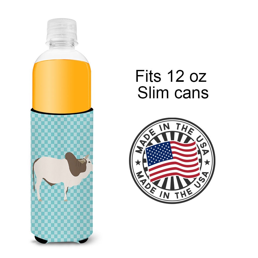Malvi Cow Blue Check Slim Can Hugger , Insulated Foam Hugger for 12 oz Slim Cans, Beer Bottles & Water Bottles, Printed in USA