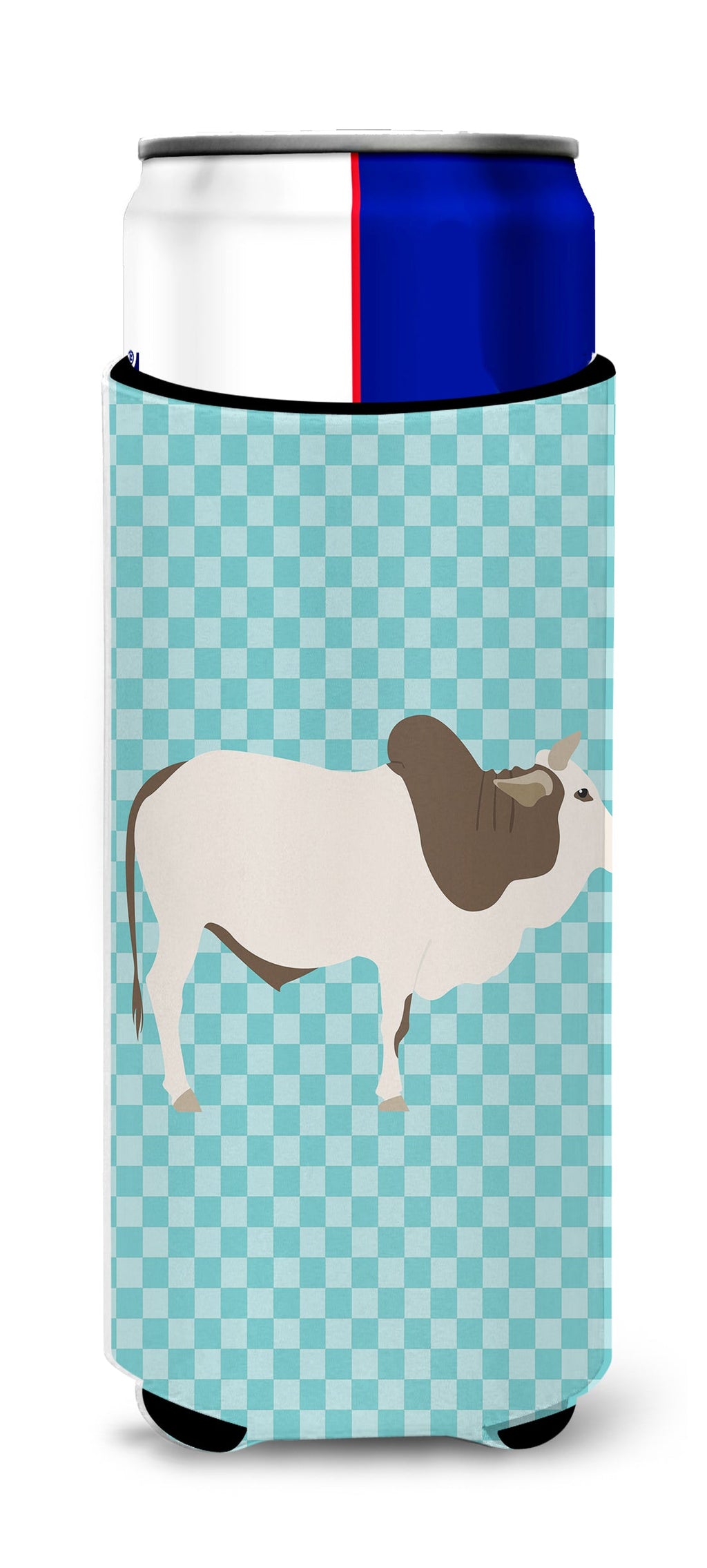 Malvi Cow Blue Check Slim Can Hugger , Insulated Foam Hugger for 12 oz Slim Cans, Beer Bottles & Water Bottles, Printed in USA