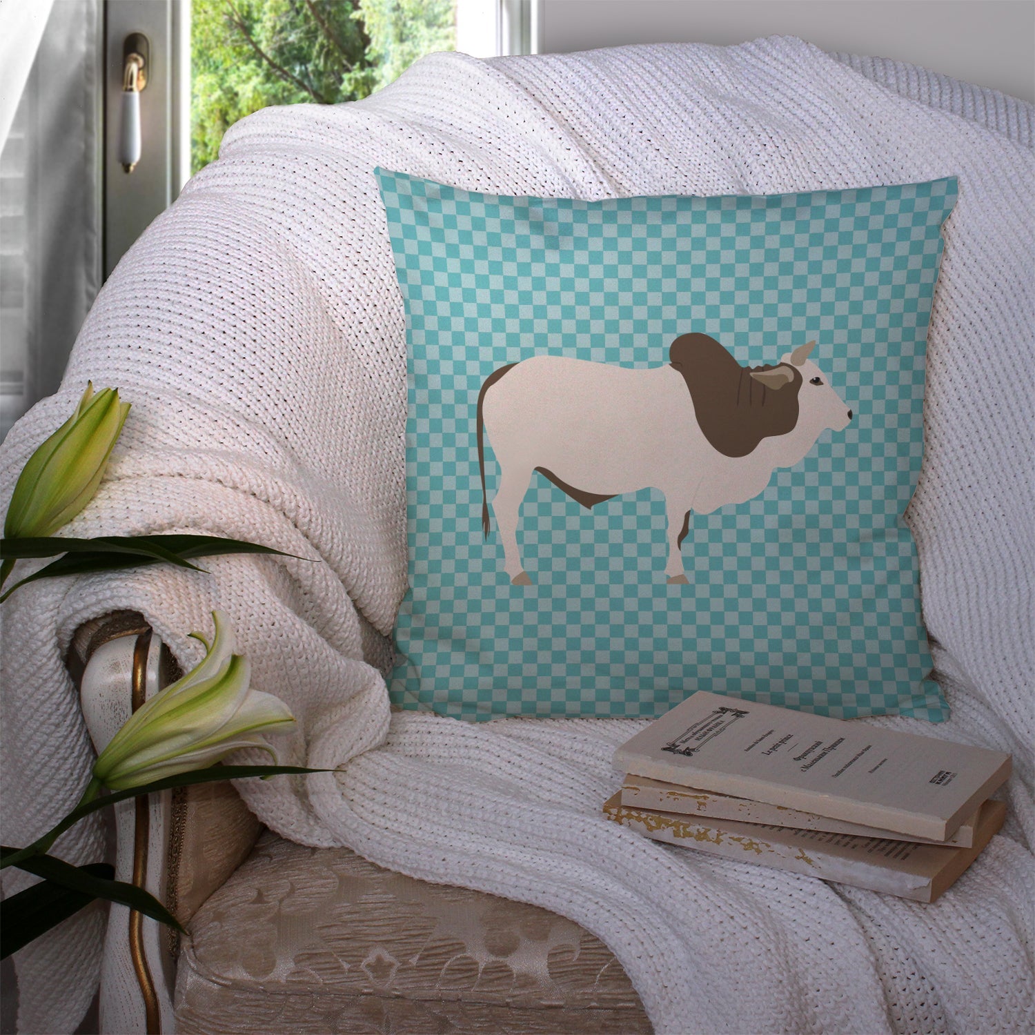 Malvi Cow Blue Check Decorative Throw Pillow 14x14 Indoor Outdoor Accent Cushion, Fabric Cover with Insert for Sofa, Bed, Porch & Living Room
