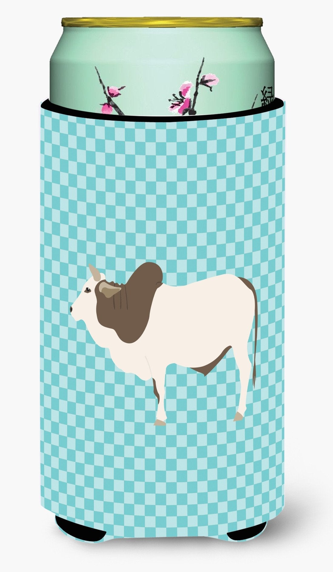 Malvi Cow Blue Check Tall Boy Hugger Can Cooler Sleeve Machine Washable Drink Collapsible Insulator Beverage Insulated Holder