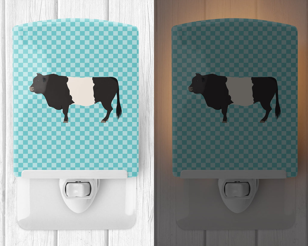 Belted Galloway Cow Blue Check Ceramic Night Light Compact, UL-Certified, Ideal for Bedroom, Bathroom, Nursery, Hallway, Kitchen, 6x4x3, Multicolor