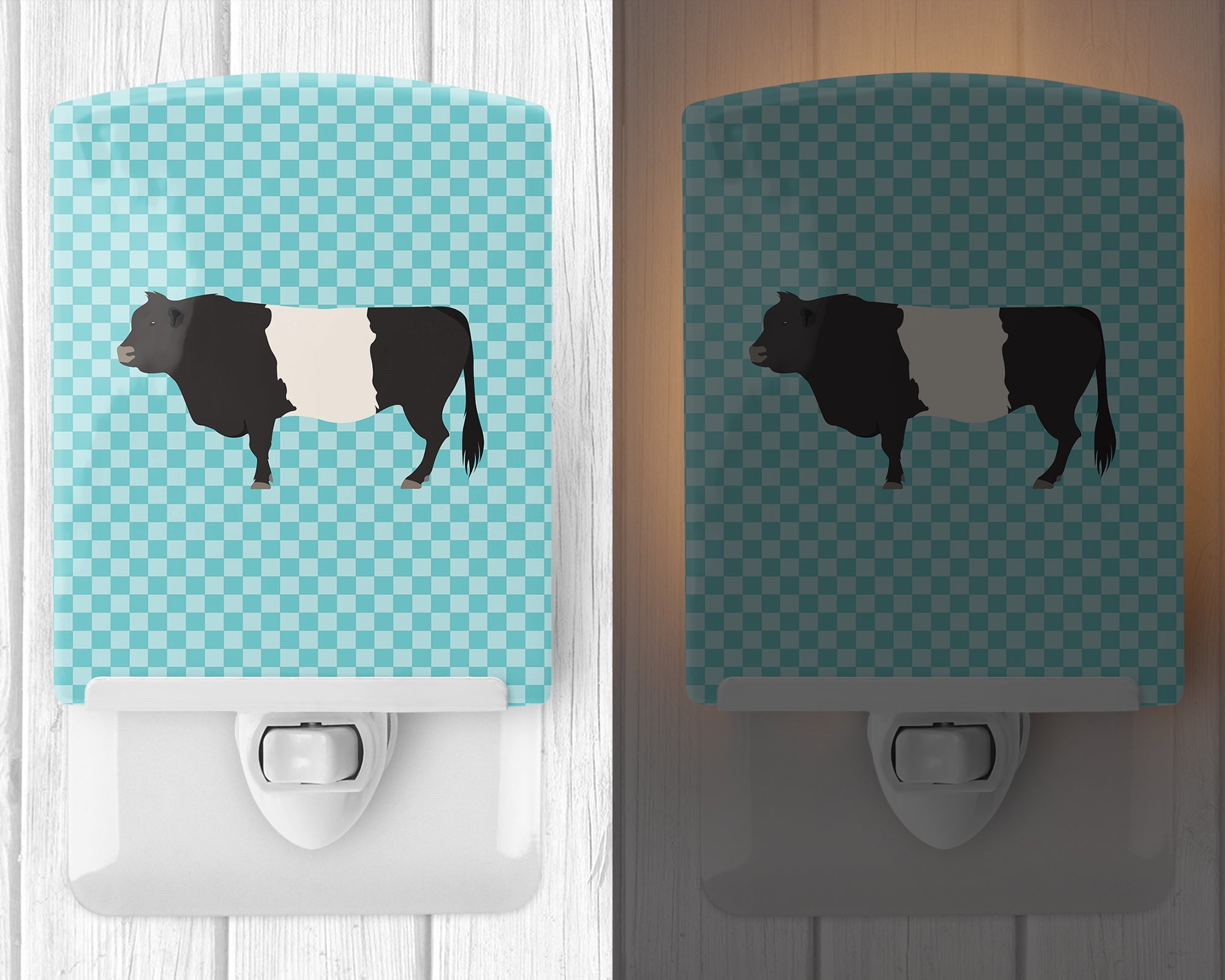 Belted Galloway Cow Blue Check Ceramic Night Light Compact, UL-Certified, Ideal for Bedroom, Bathroom, Nursery, Hallway, Kitchen, 6x4x3, Multicolor