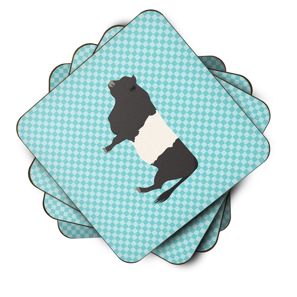 Belted Galloway Cow Blue Check Foam Coasters Set of 4 Cup Coasters for Indoor Outdoor, Tabletop Protection, Anti Slip, Mouse pad Material