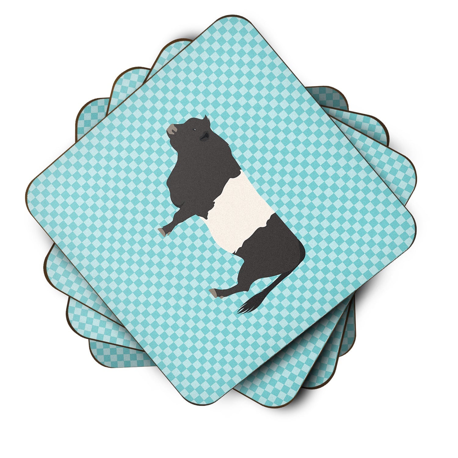Belted Galloway Cow Blue Check Foam Coasters Set of 4 Cup Coasters for Indoor Outdoor, Tabletop Protection, Anti Slip, Mouse pad Material