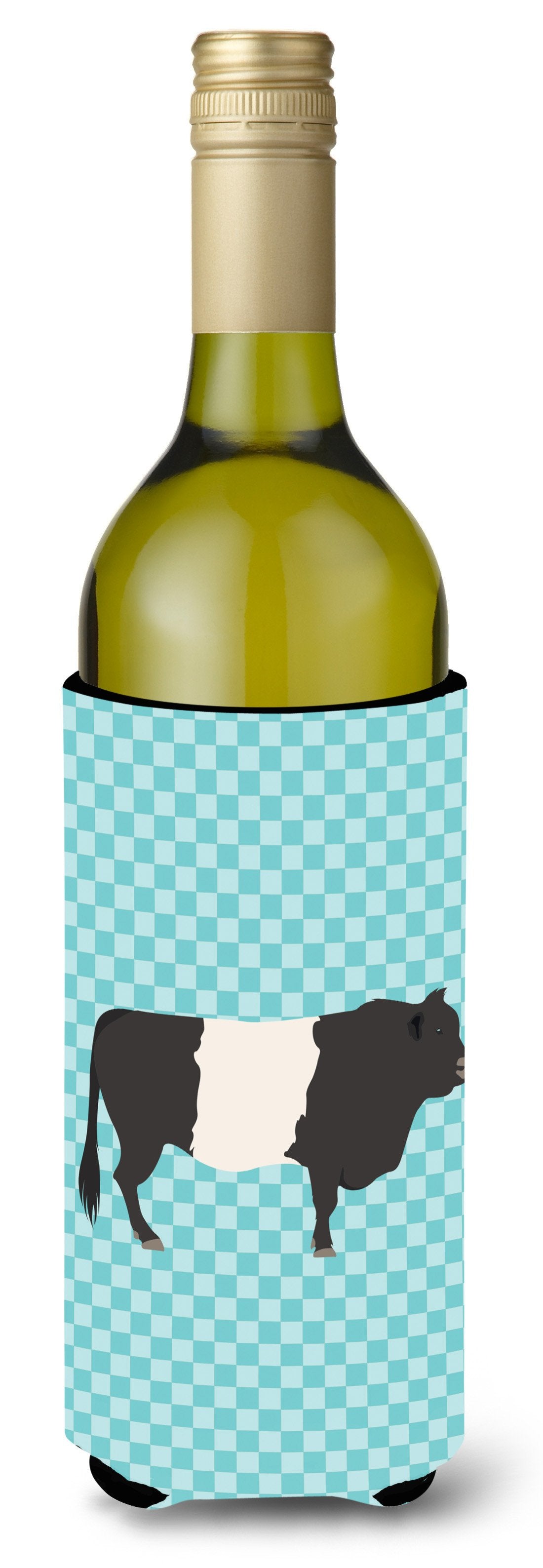 Belted Galloway Cow Blue Check Wine Bottle Hugger Gift Sleeve for Standard 750 ml Bottles, Insulated Reusable Also Fits Mini Shot & Pint Bottles
