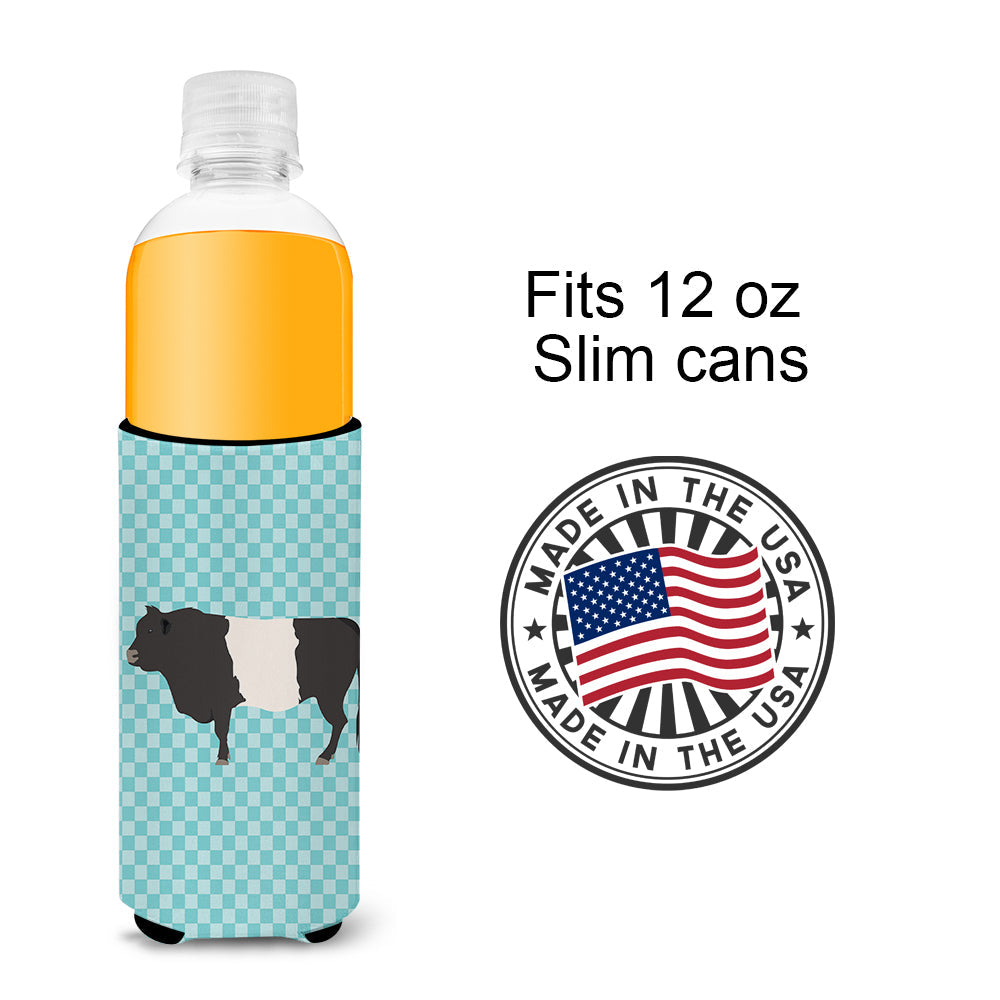Belted Galloway Cow Blue Check Slim Can Hugger , Insulated Foam Hugger for 12 oz Slim Cans, Beer Bottles & Water Bottles, Printed in USA