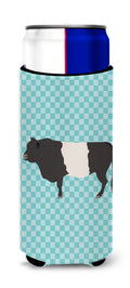 Belted Galloway Cow Blue Check Slim Can Hugger , Insulated Foam Hugger for 12 oz Slim Cans, Beer Bottles & Water Bottles, Printed in USA