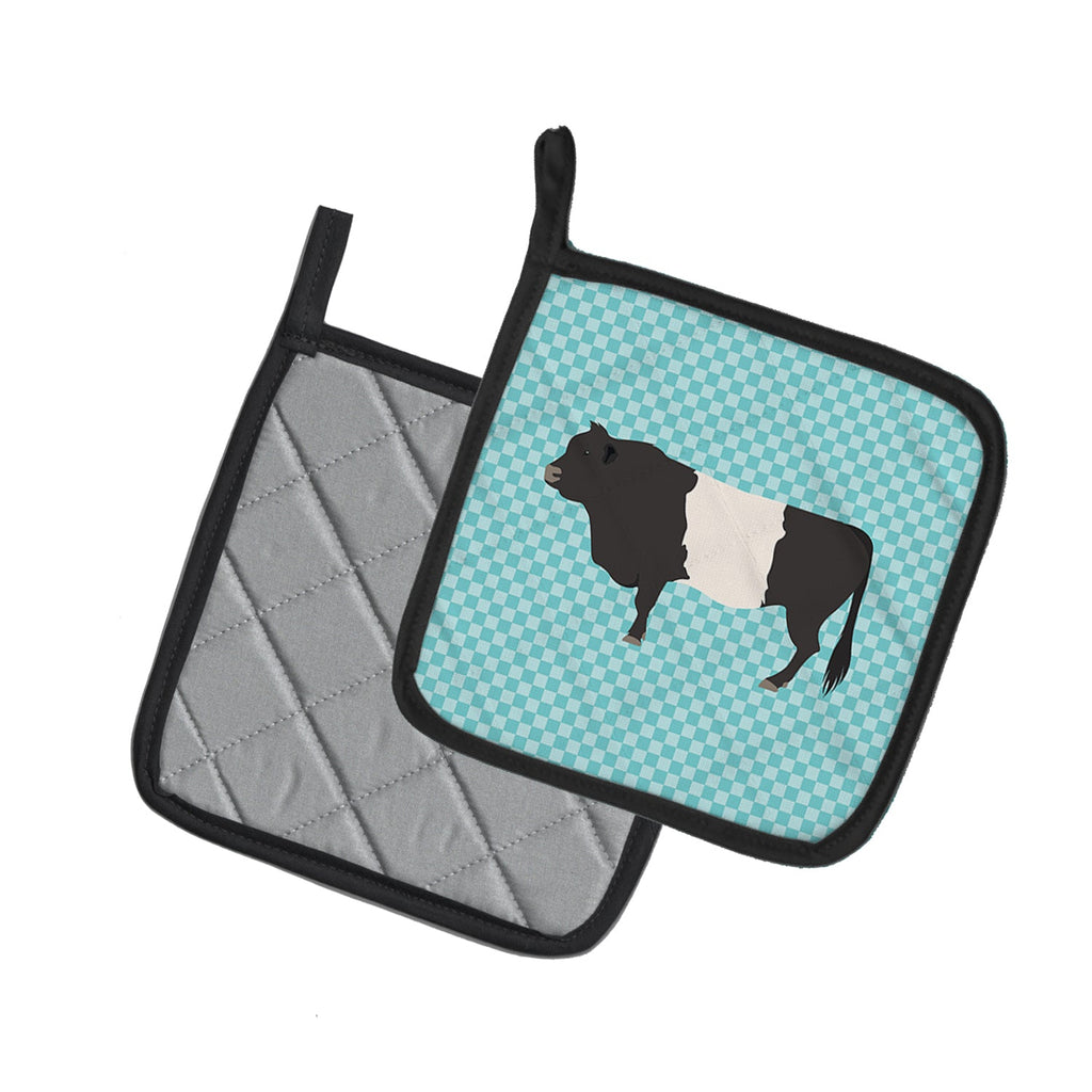 Belted Galloway Cow Blue Check Pot Holder Set of 2 Heat Resistant Quilted Hot Pads 7.5 x 7.5 Inch, Insulated Kitchen Trivets for Cooking & Baking