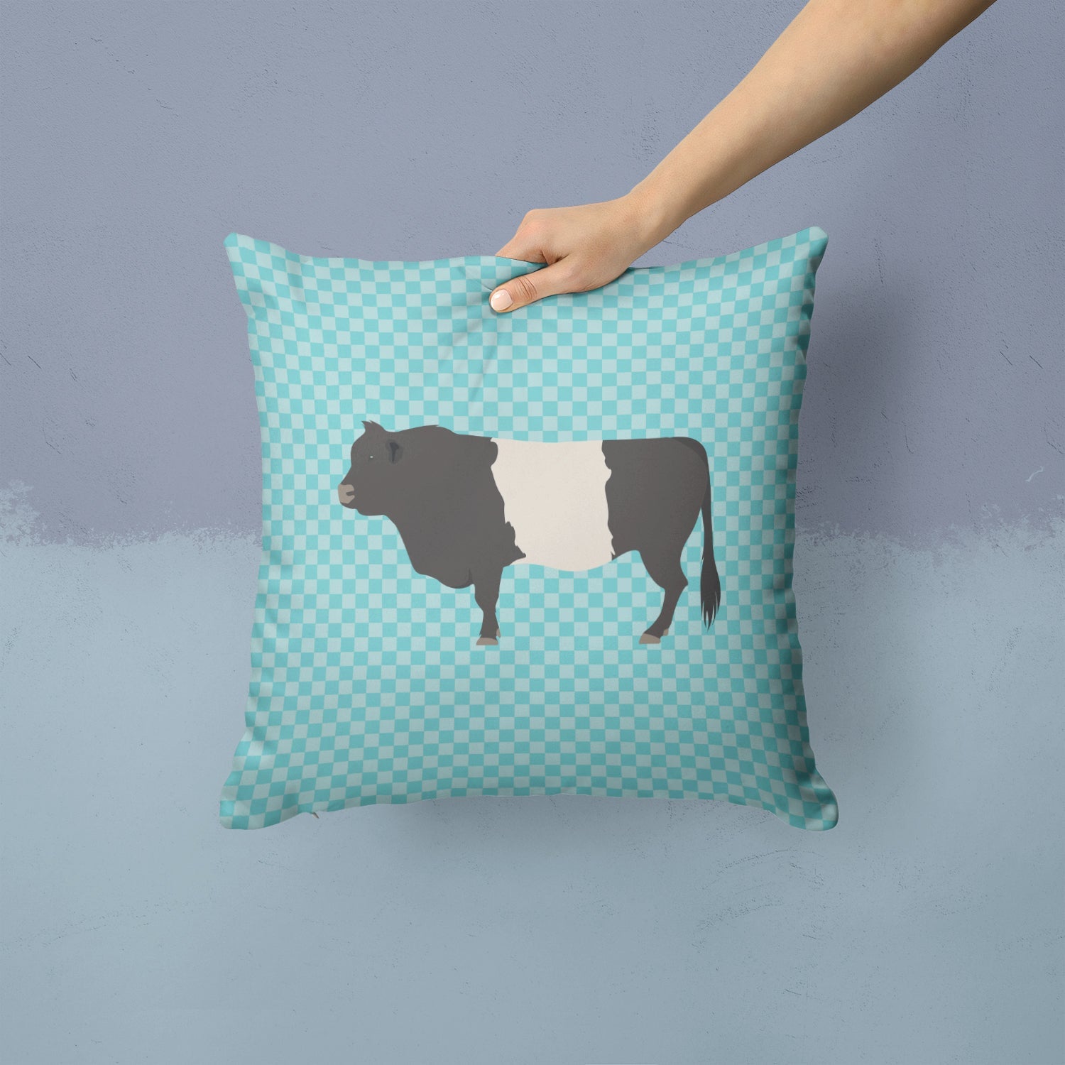 Belted Galloway Cow Blue Check Decorative Throw Pillow 14x14 Indoor Outdoor Accent Cushion, Fabric Cover with Insert for Sofa, Bed, Porch & Living Room