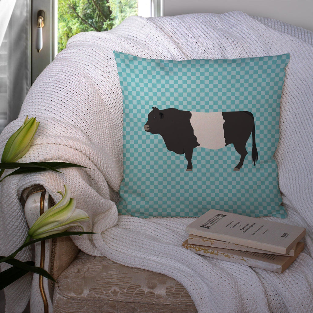 Belted Galloway Cow Blue Check Decorative Throw Pillow 14x14 Indoor Outdoor Accent Cushion, Fabric Cover with Insert for Sofa, Bed, Porch & Living Room