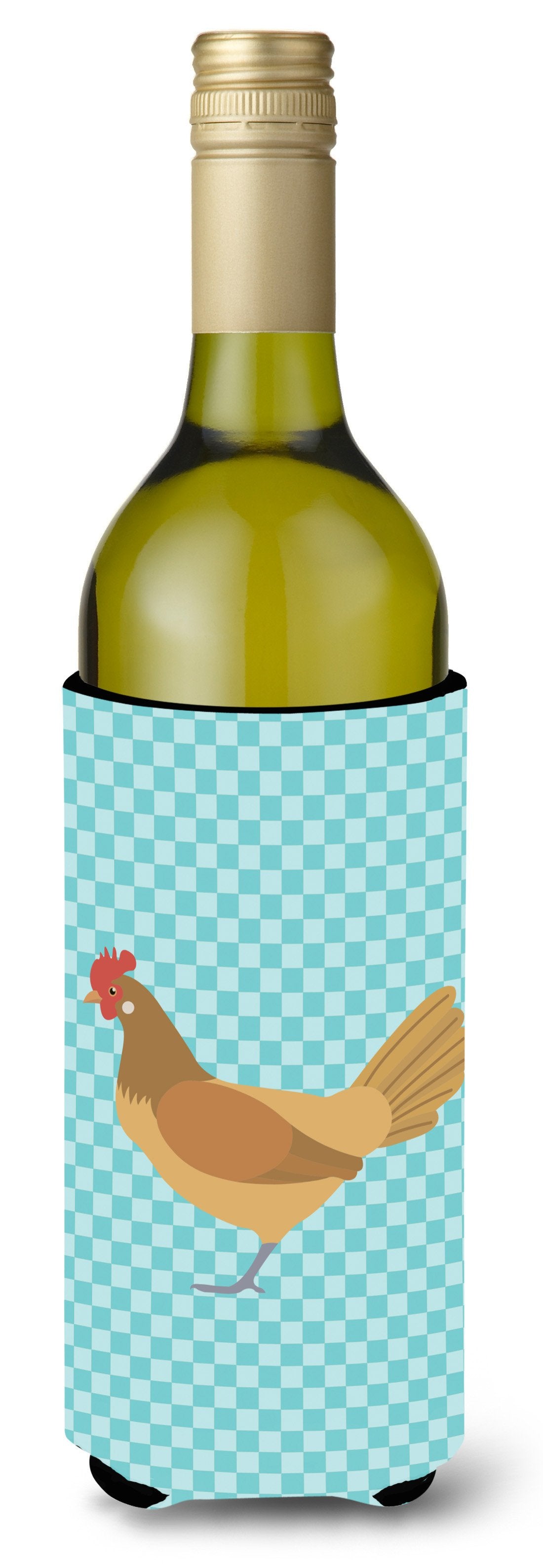 Frisian Friesian Chicken Blue Check Wine Bottle Hugger Gift Sleeve for Standard 750 ml Bottles, Insulated Reusable Also Fits Mini Shot & Pint Bottles
