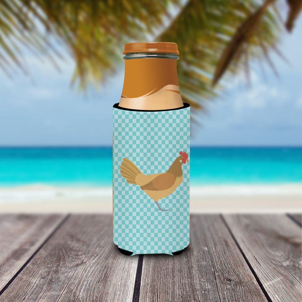 Frisian Friesian Chicken Blue Check Slim Can Hugger , Insulated Foam Hugger for 12 oz Slim Cans, Beer Bottles & Water Bottles, Printed in USA
