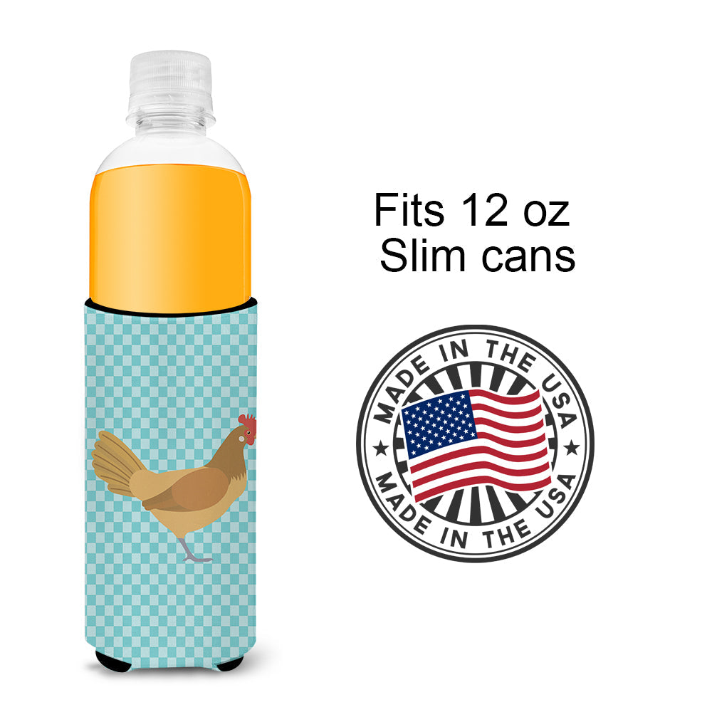 Frisian Friesian Chicken Blue Check Slim Can Hugger , Insulated Foam Hugger for 12 oz Slim Cans, Beer Bottles & Water Bottles, Printed in USA