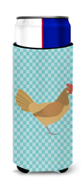 Frisian Friesian Chicken Blue Check Slim Can Hugger , Insulated Foam Hugger for 12 oz Slim Cans, Beer Bottles & Water Bottles, Printed in USA