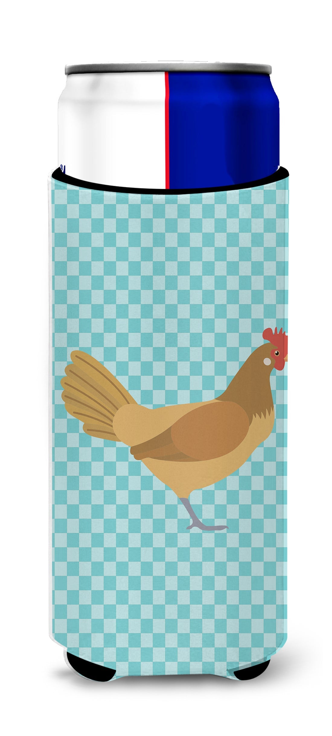 Frisian Friesian Chicken Blue Check Slim Can Hugger , Insulated Foam Hugger for 12 oz Slim Cans, Beer Bottles & Water Bottles, Printed in USA