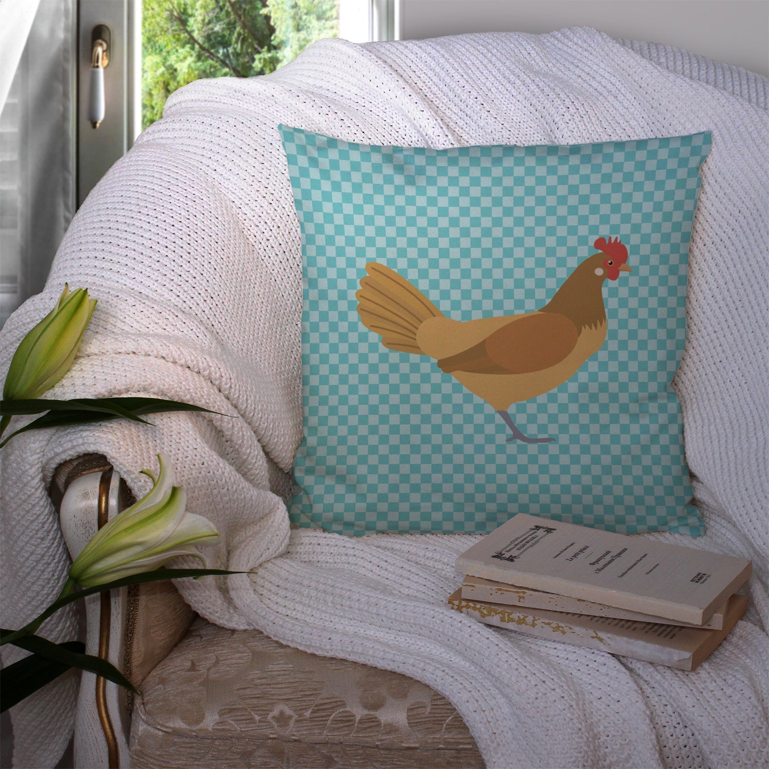 Frisian Friesian Chicken Blue Check Decorative Throw Pillow 14x14 Indoor Outdoor Accent Cushion, Fabric Cover with Insert for Sofa, Bed, Porch & Living Room