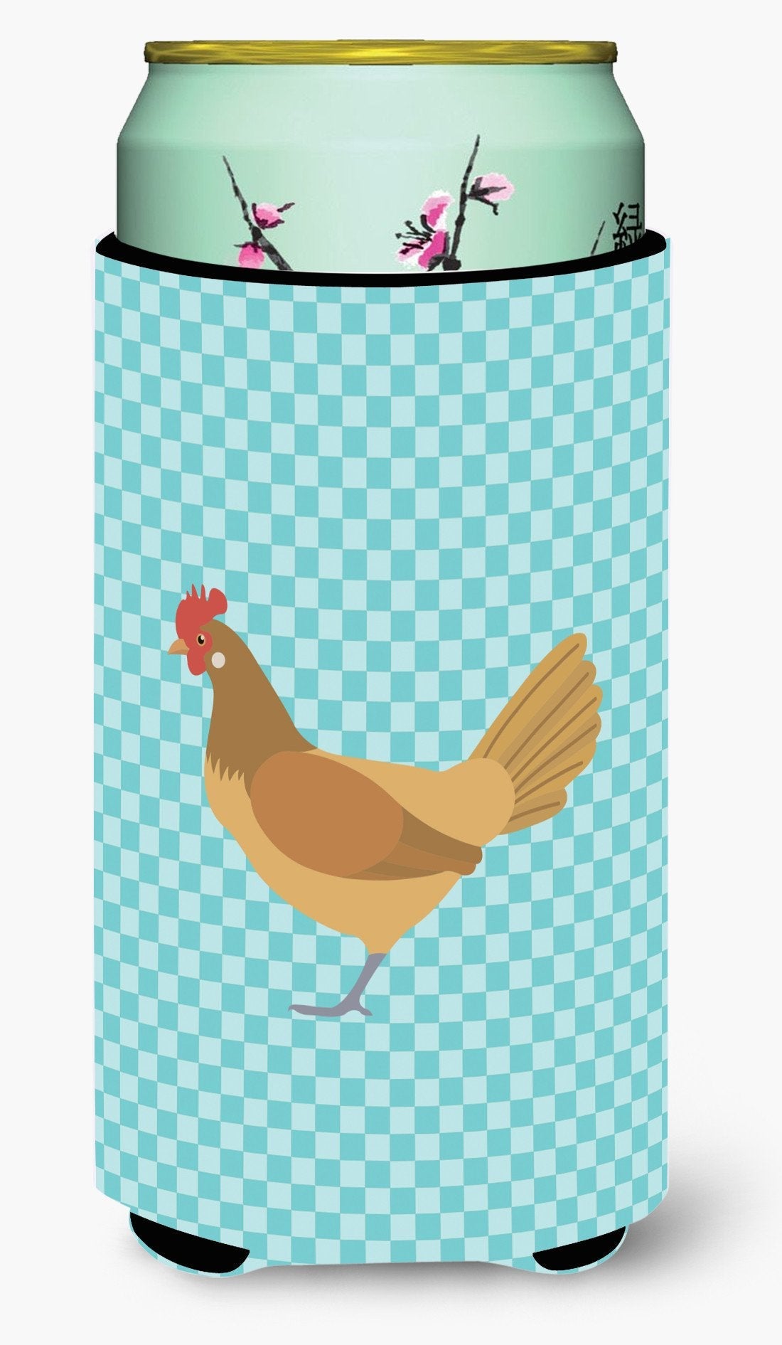 Frisian Friesian Chicken Blue Check Tall Boy Hugger Can Cooler Sleeve Machine Washable Drink Collapsible Insulator Beverage Insulated Holder