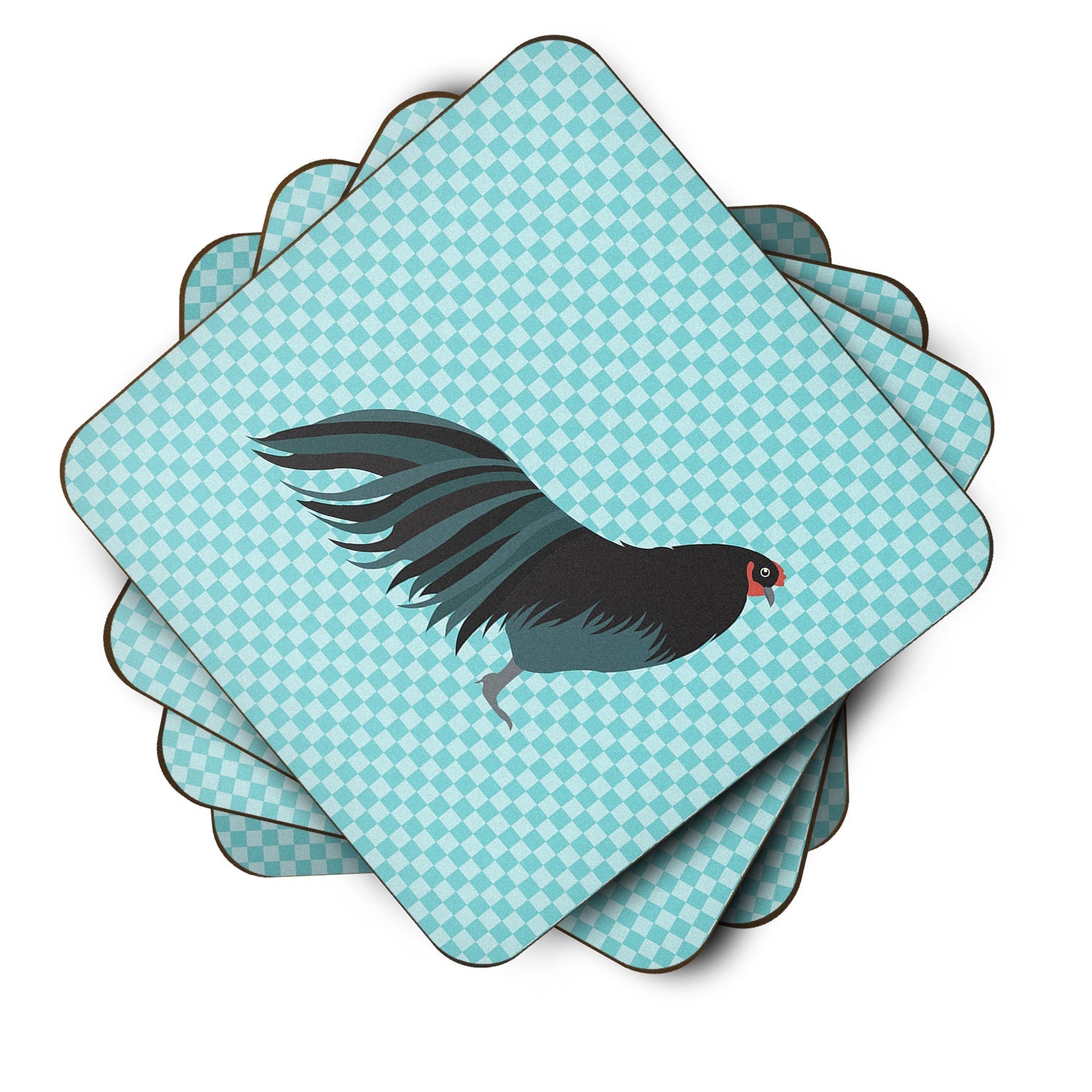 Sumatra Chicken Blue Check Foam Coasters Set of 4 Cup Coasters for Indoor Outdoor, Tabletop Protection, Anti Slip, Mouse pad Material