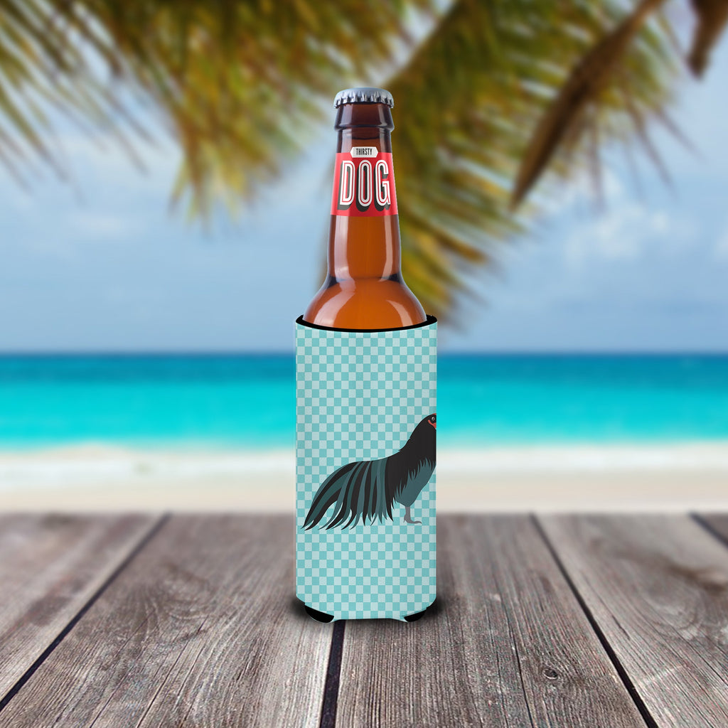 Sumatra Chicken Blue Check Slim Can Hugger , Insulated Foam Hugger for 12 oz Slim Cans, Beer Bottles & Water Bottles, Printed in USA
