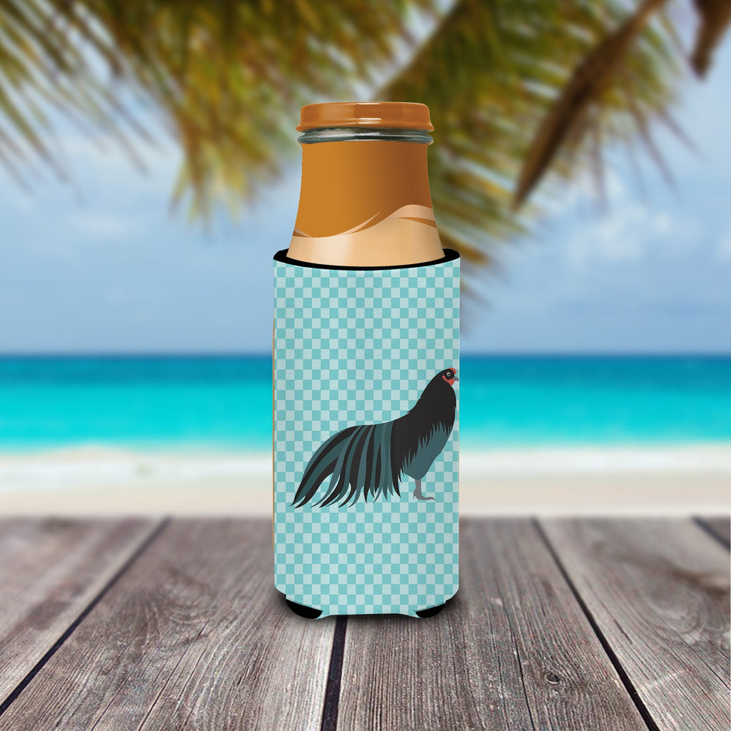 Sumatra Chicken Blue Check Slim Can Hugger , Insulated Foam Hugger for 12 oz Slim Cans, Beer Bottles & Water Bottles, Printed in USA