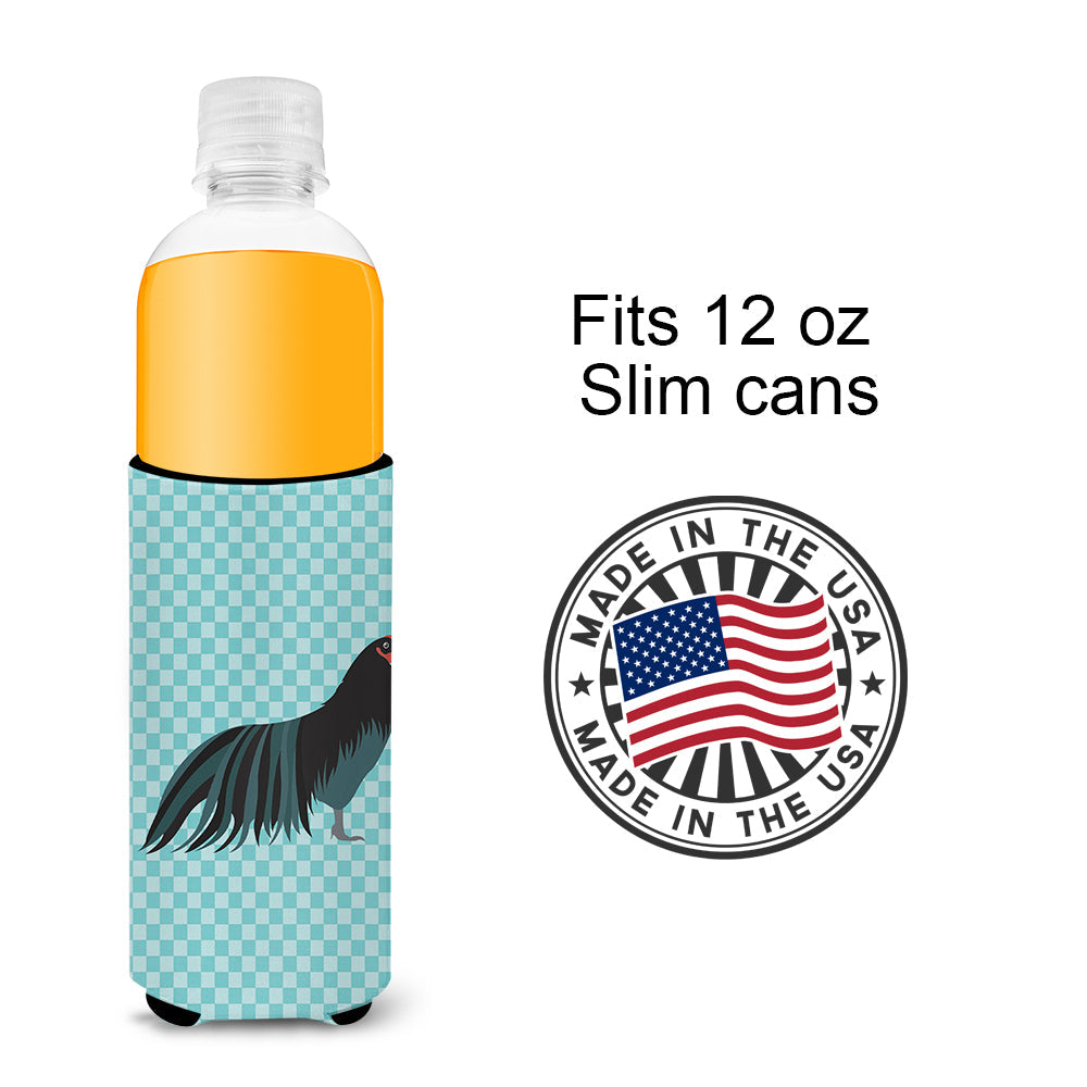 Sumatra Chicken Blue Check Slim Can Hugger , Insulated Foam Hugger for 12 oz Slim Cans, Beer Bottles & Water Bottles, Printed in USA