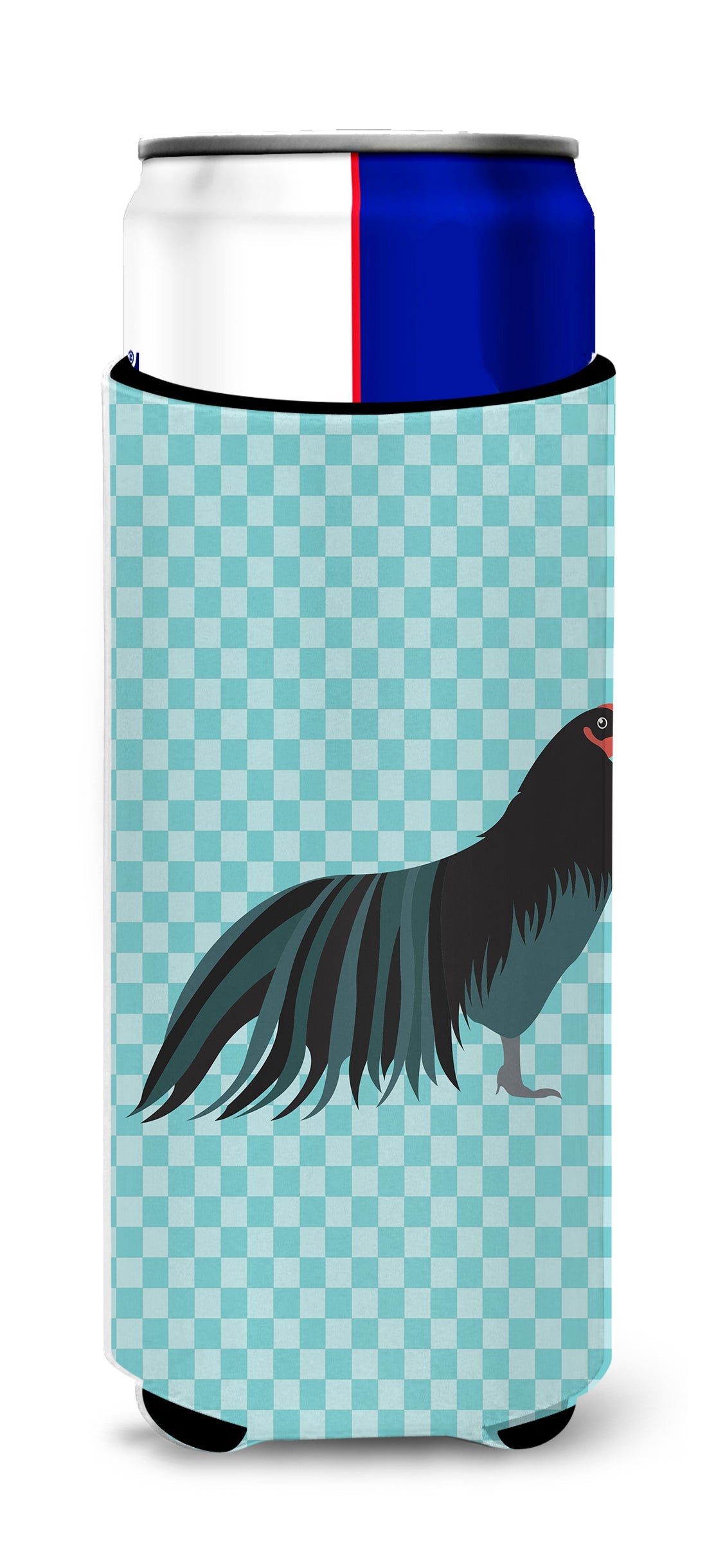 Sumatra Chicken Blue Check Slim Can Hugger , Insulated Foam Hugger for 12 oz Slim Cans, Beer Bottles & Water Bottles, Printed in USA